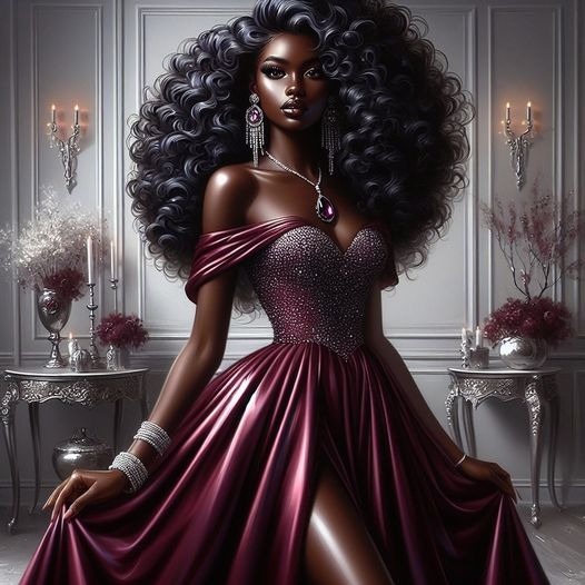 4k glossy oil painting portraying a dark-skinned Afro-American woman in a flowing burgundy gown, accentuated Hair Head Joint Hairstyle Shoulder Black Purple