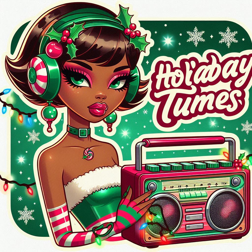 Create a retro-style Christmas sticker featuring an African-American woman in Bratz anime style with a Green Musical instrument Font Motor vehicle Illustration Plant Magenta