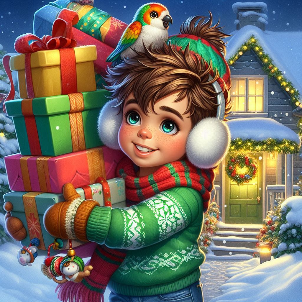 Digital airbrush: A boy with spiky brown hair, wearing earmuffs and a green sweater with Smile Cartoon Musical instrument Fun Happy Plant Doll