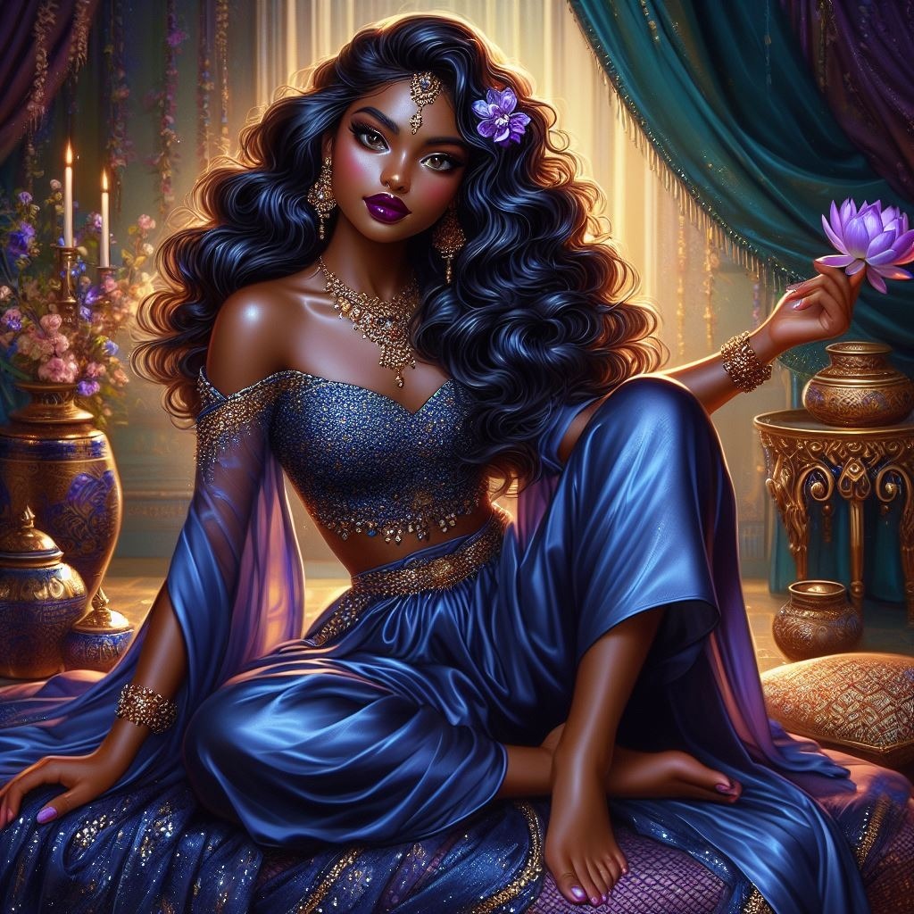 Glossy digital oil painting of dark-skinned Indian girl in a flowing royal blue gown, surrounded Head Hairstyle Purple Dress Human body Flash photography Cg artwork