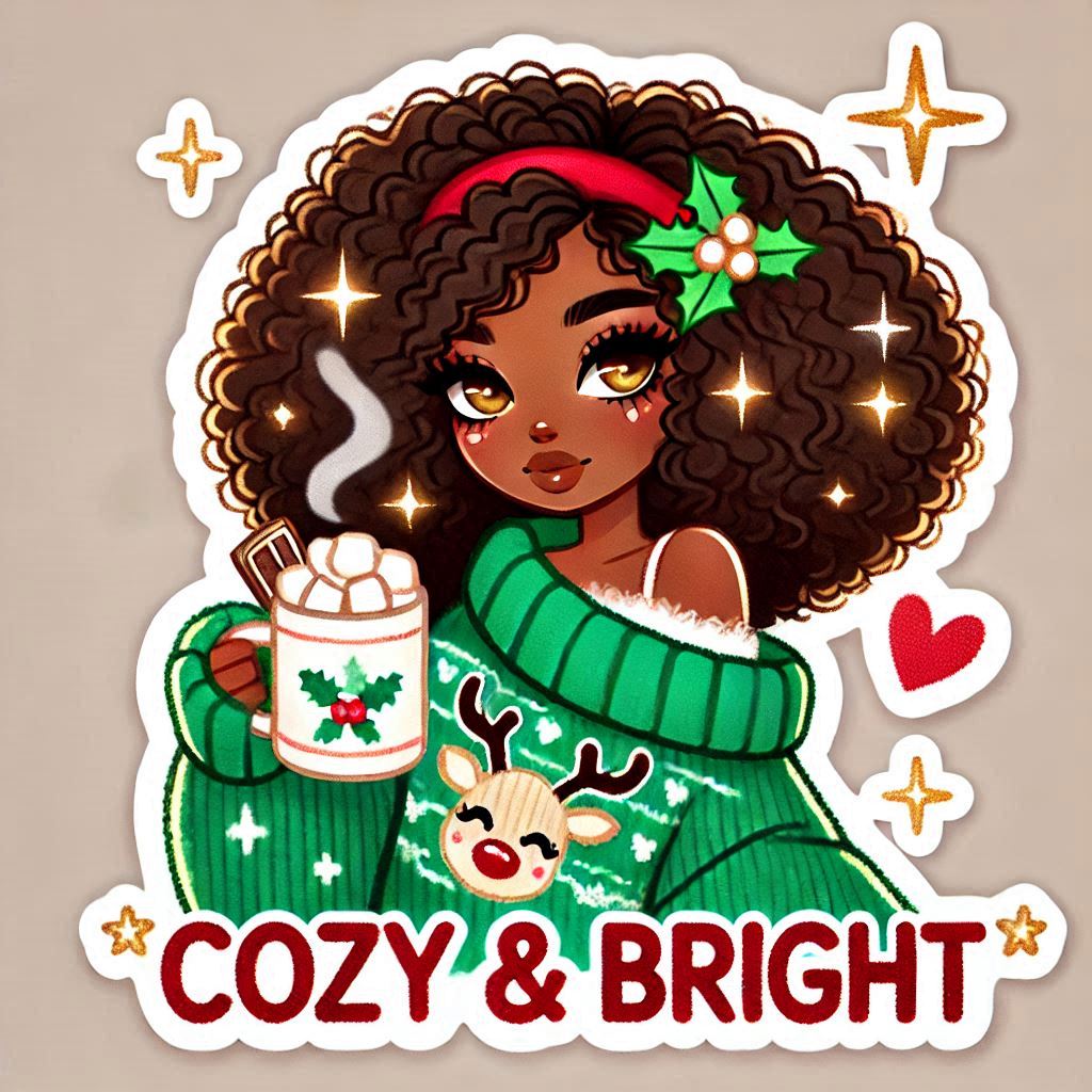 Create a sticker isolated on a white background featuring an African-American woman, Bratz anime style, Font Happy Holiday ornament Christmas decoration Event Fictional character Illustration