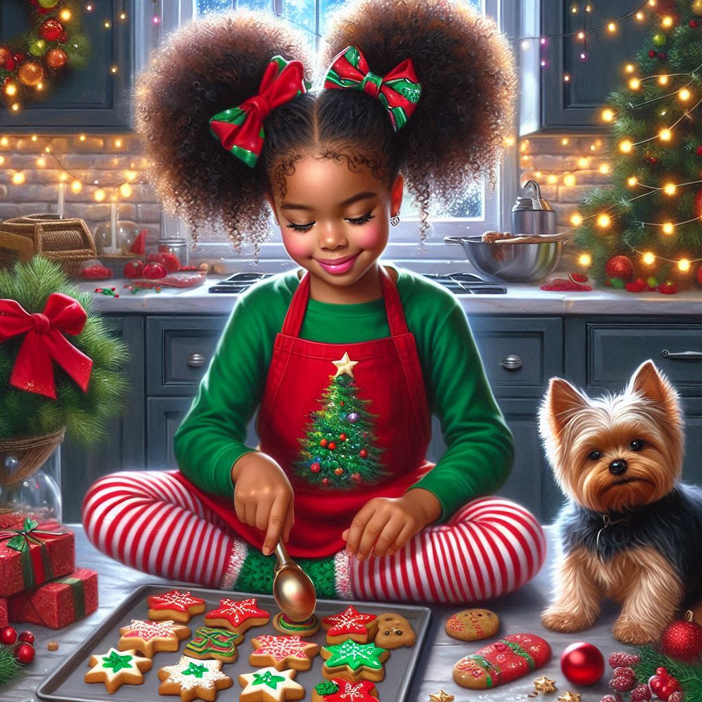 Glossy oil painting: a young African American girl with curly hair in two puffy ponytails, Food Smile Dog Green Happy Recipe Christmas decoration