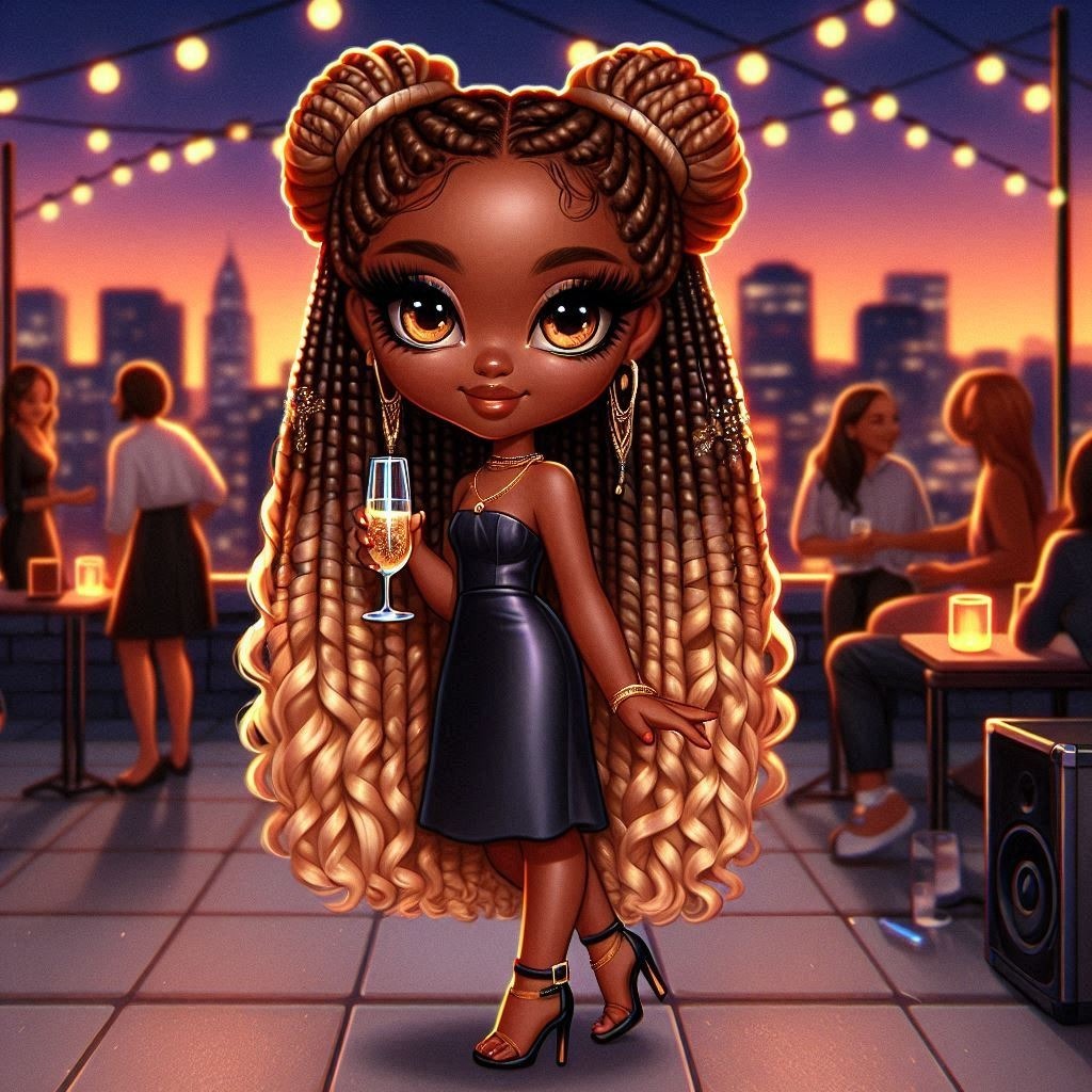 A digital oil painting of a chibi African woman with caramel skin, bright eyes, and Hairstyle Toy Fashion Lighting Doll Standing Dress