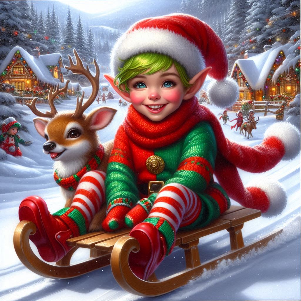 Glossy oil painting; A young elf with bright green hair and a mischievous grin is Human body Christmas ornament Mammal Wheel Happy Fun Santa claus