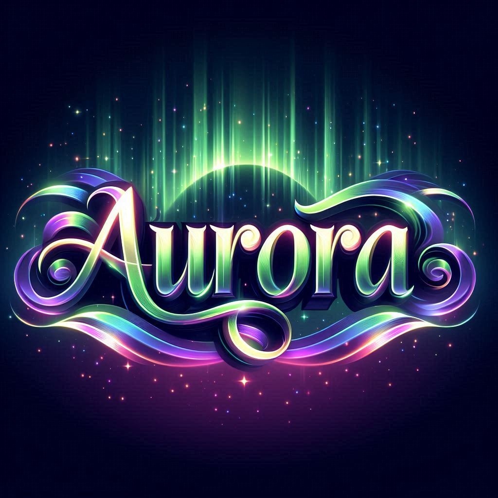 Design a 3D name art featuring the name 'Aurora' in an elegant, glowing font. Add Purple Violet Visual effect lighting Font Neon Electric blue Magenta