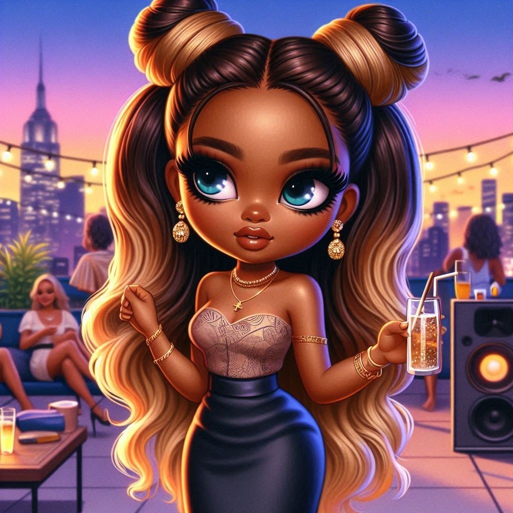 A digital oil painting of a chibi African woman with caramel skin, bright eyes, and Hairstyle Purple Fashion Cartoon Doll Eyelash Pink