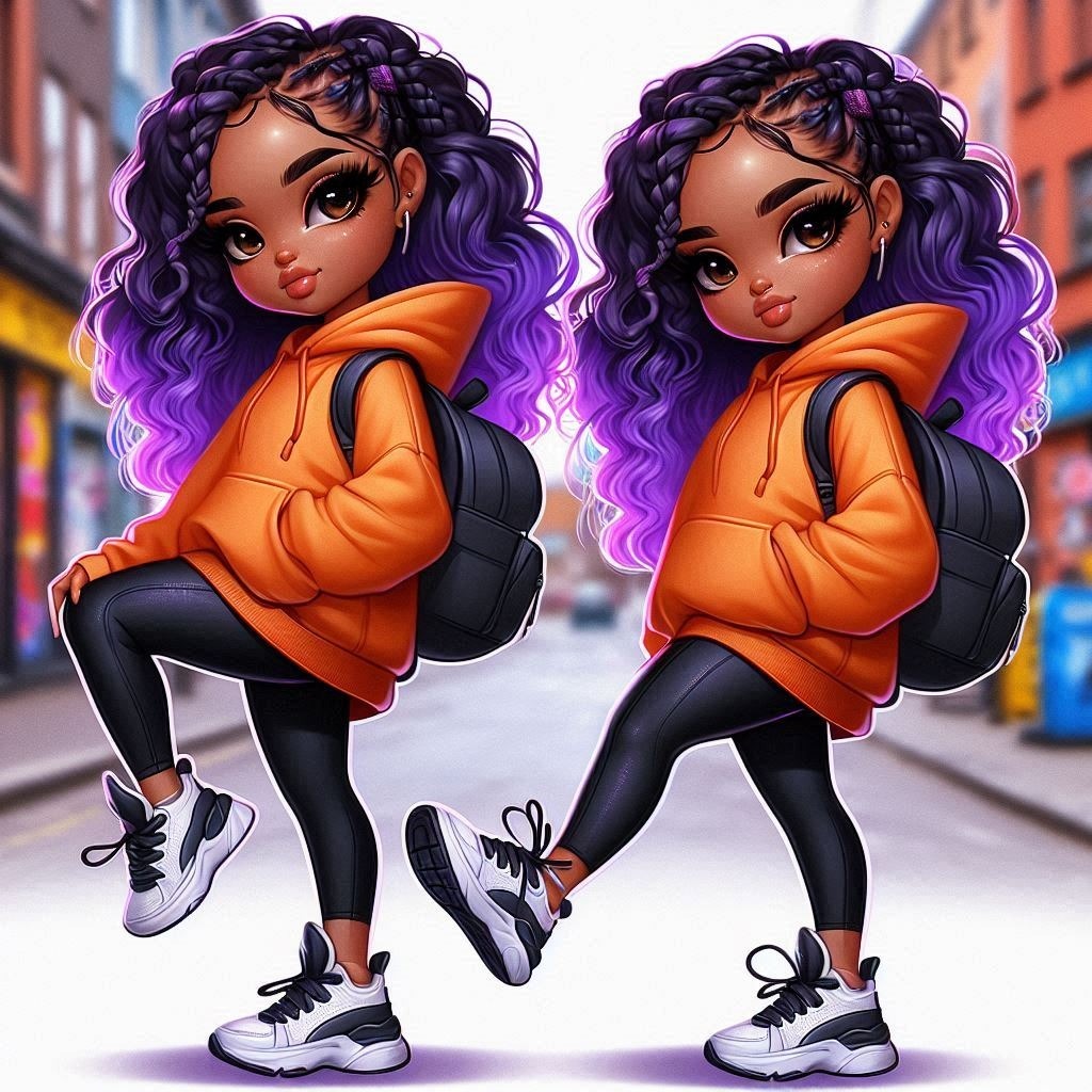 Digital airbrush, A chic afro american girl, chibi style, with long purple hair styled in Footwear Hairstyle Facial expression Cartoon Vertebrate Fashion Purple