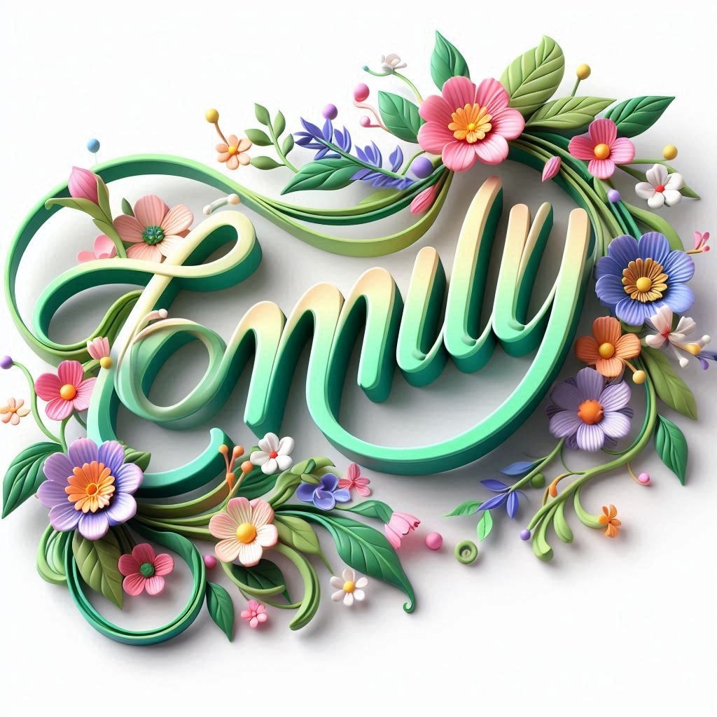 A 3D name art with vibrant flowers and vines intertwined around the name "Emily" in Flower Greeting Font Creative arts Petal Floral design Plant