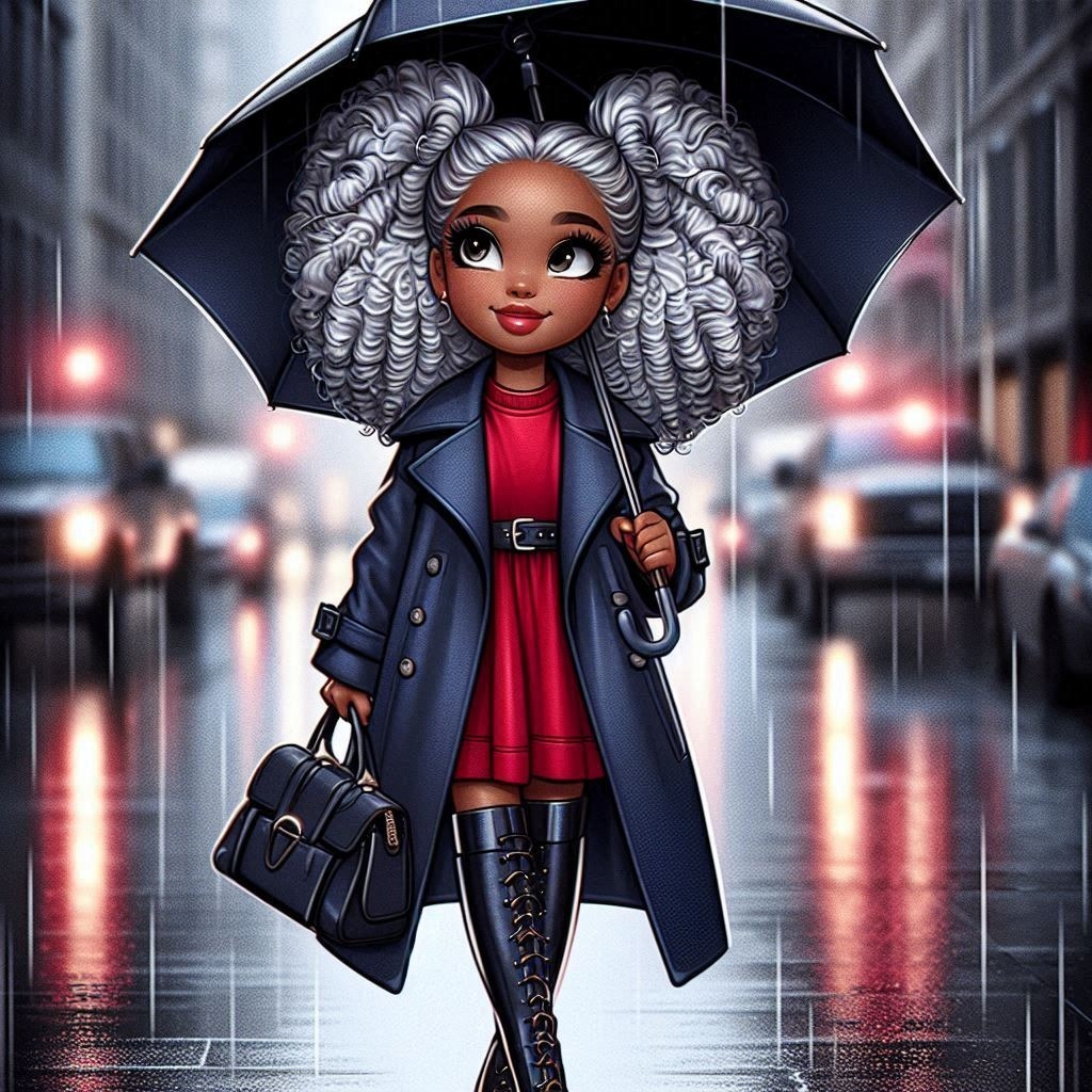 Digital airbrush, afro american woman , chibi style, with silver pigtail hairs, dressed in a Outerwear Umbrella Light Standing Flash photography Style Pink