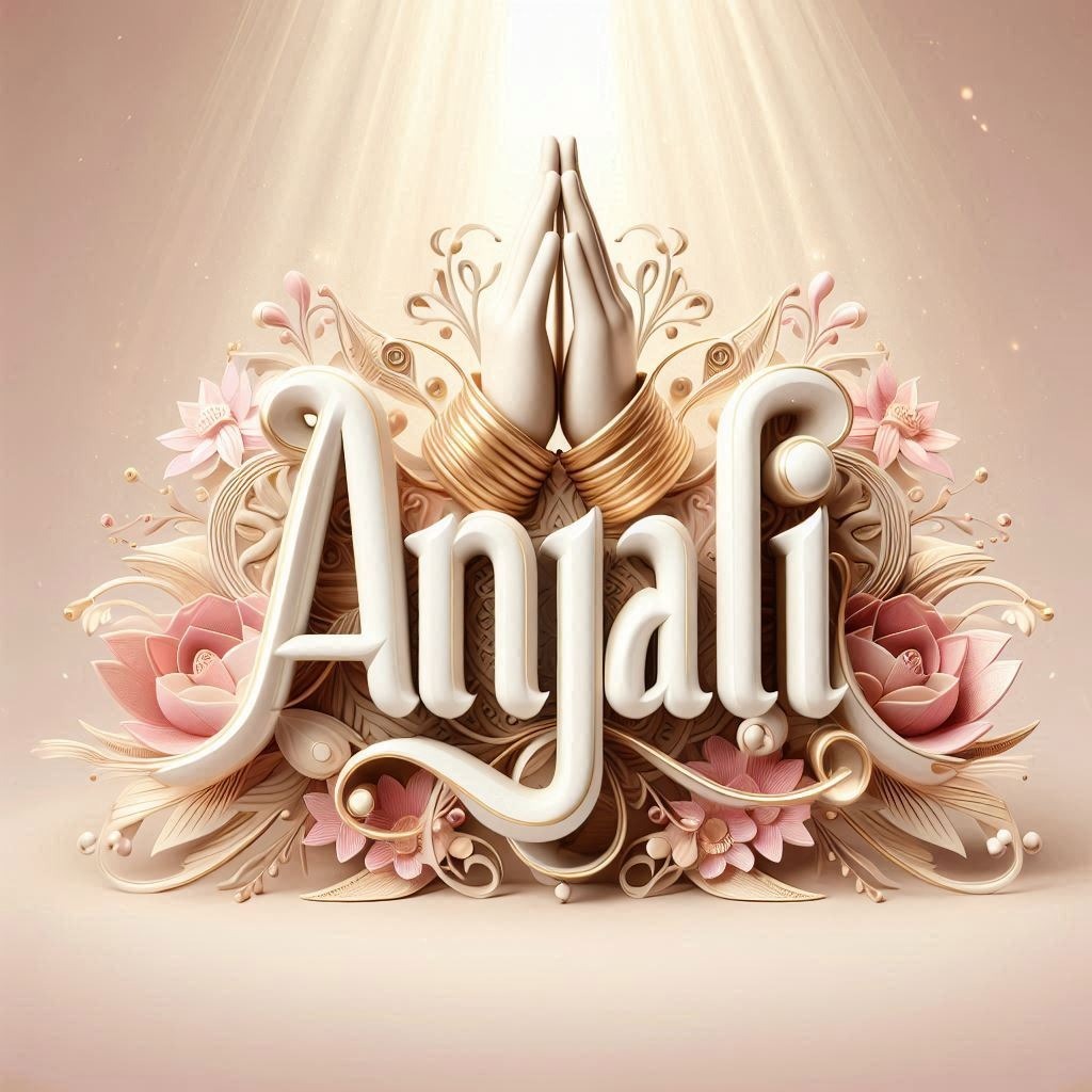 Design a 3D name art for the name 'Anjali' in a delicate, ornate font. Add Font Event Pattern Petal Rectangle Fashion accessory Metal