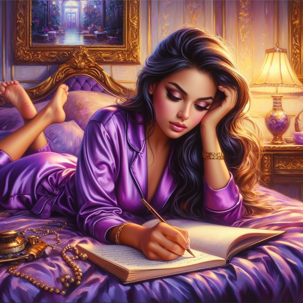 Glossy oil painting of a young latina wearing purple pajamas, lying down on her bed Hairstyle Purple Eyelash Violet Picture frame Black hair Cool