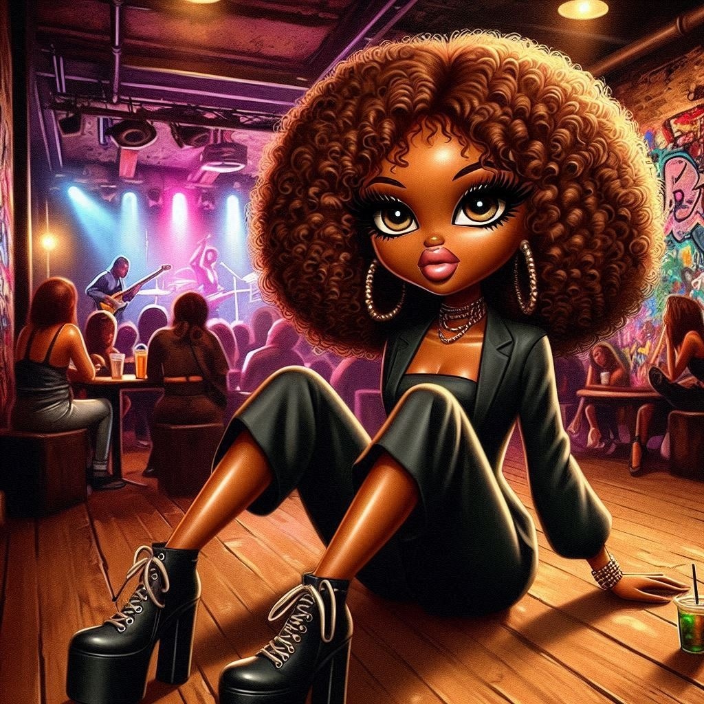 A digital oil painting of a African woman, Bratz anime style, with caramel skin, bright Shoe Fashion Flash photography Style Black hair Fashion design Thigh