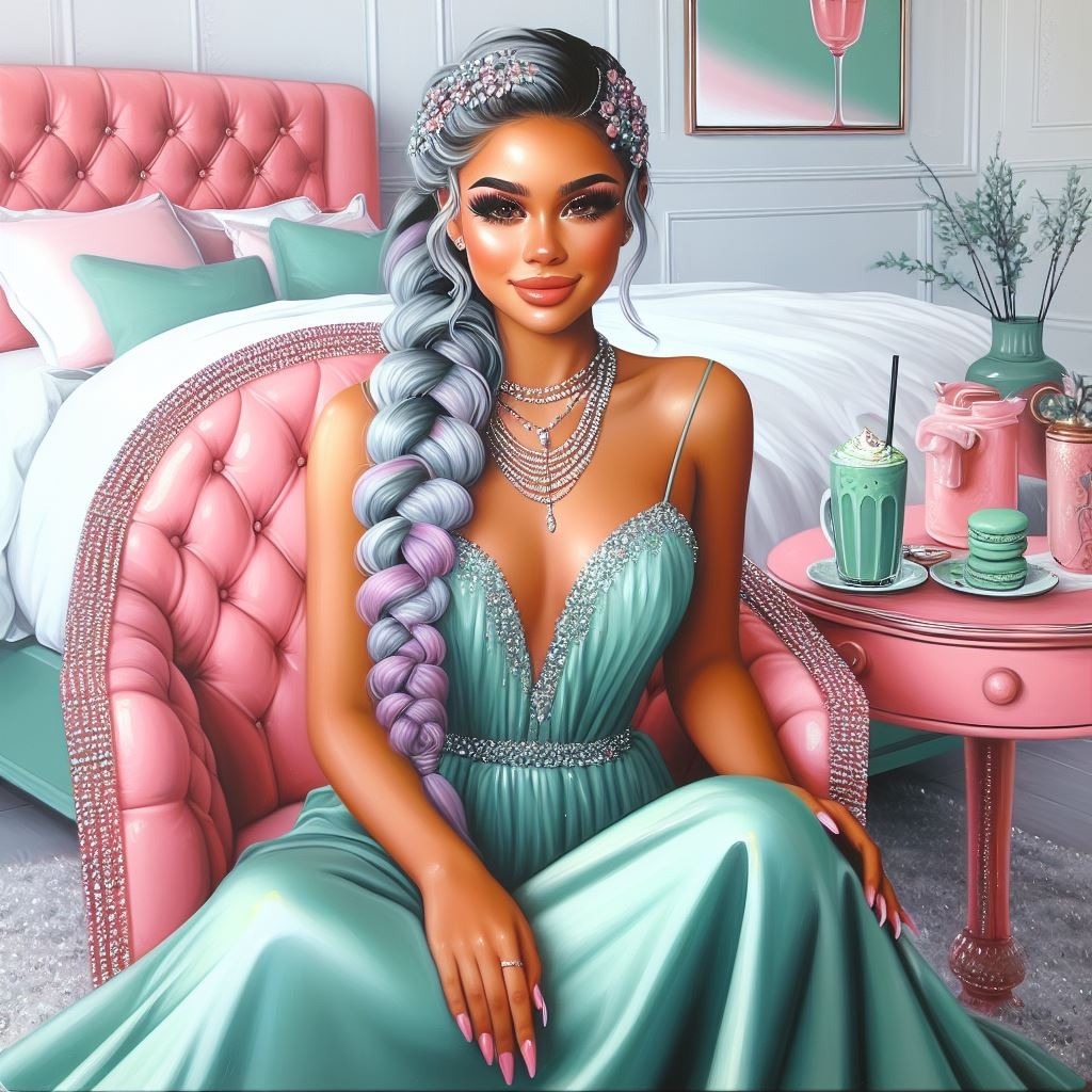 Glossy oil painting of light skinned Latina-American girl in a long mint green gown and Hairstyle Furniture Plant Organ Green Eyelash Houseplant