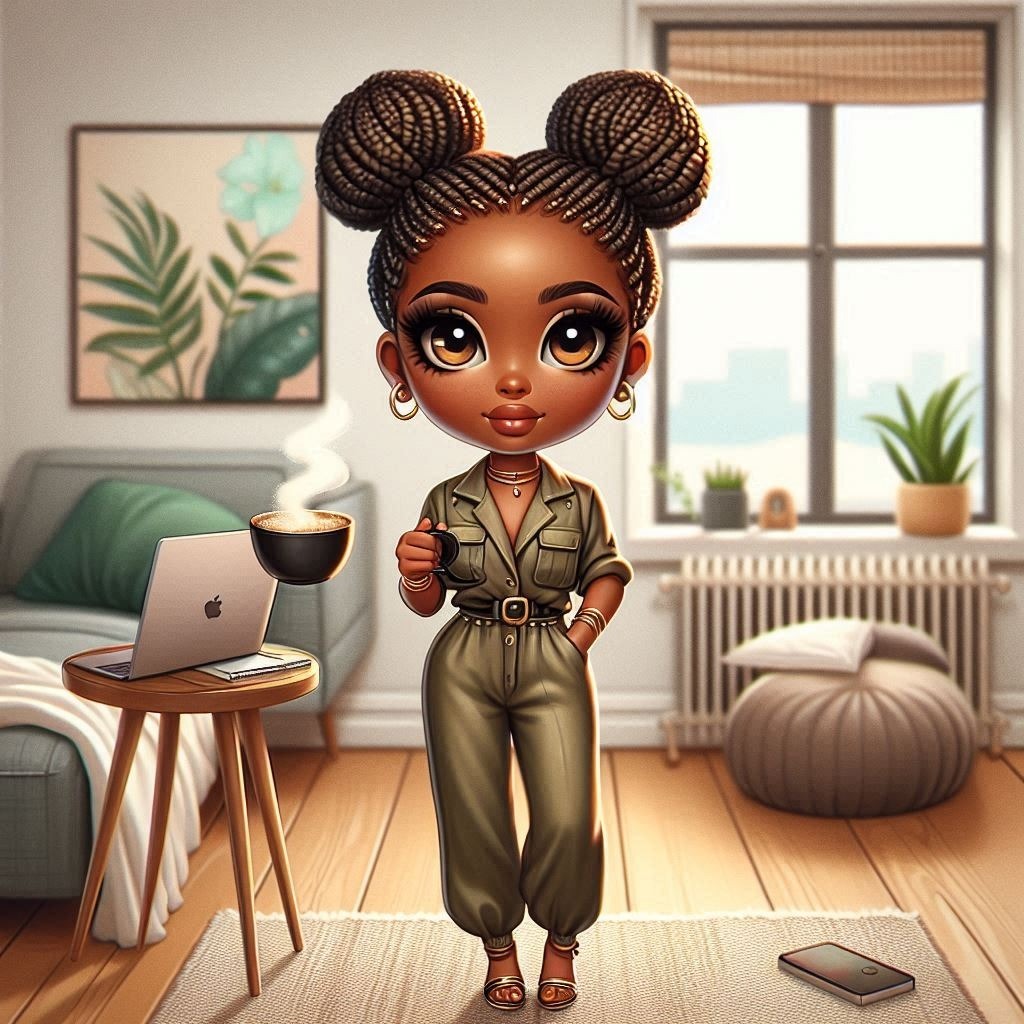 A digital oil painting of a chibi African woman with caramel skin, bright eyes, and Furniture Plant Table Laptop Window Fawn Houseplant