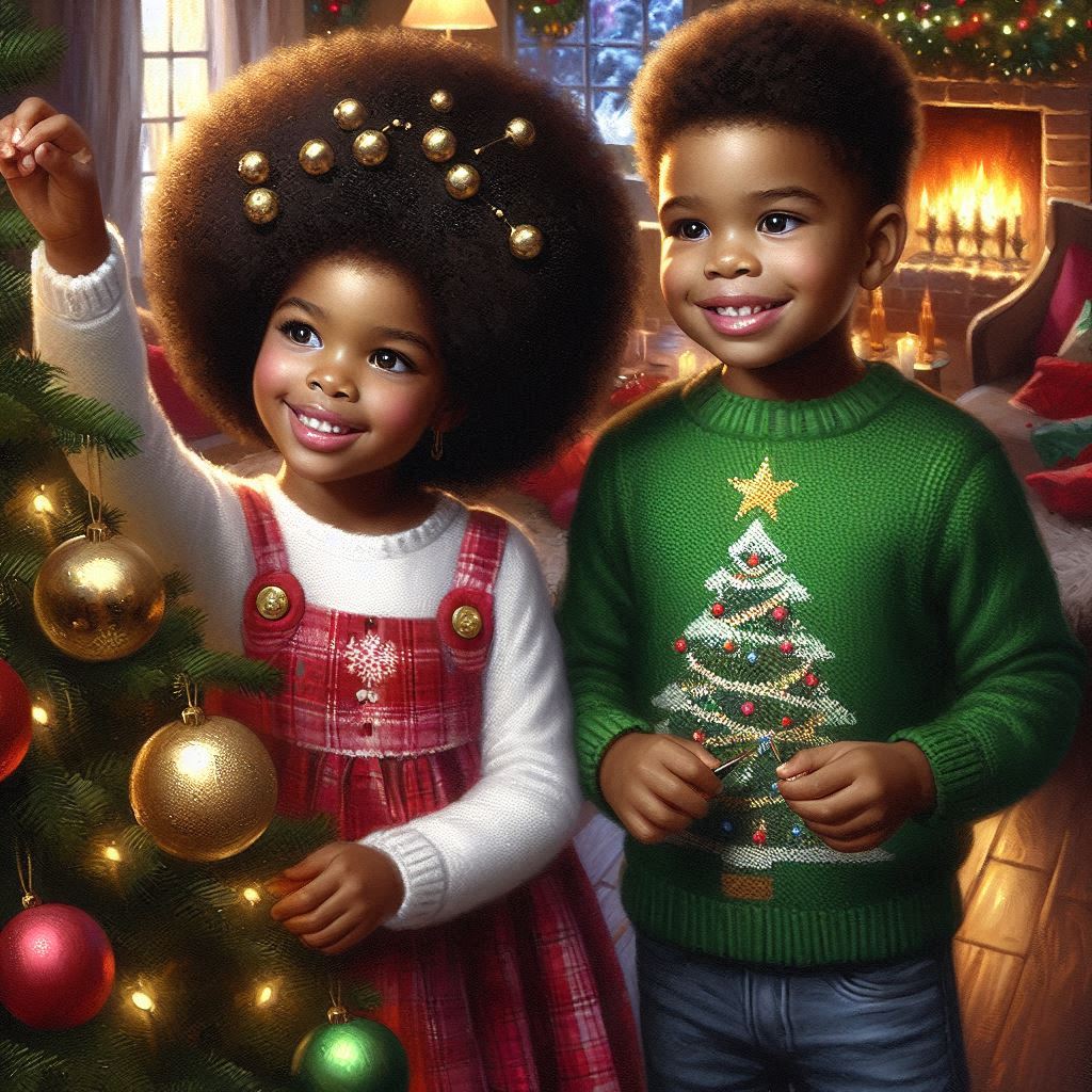 Glossy oil painting: A festive family scene featuring two young African American children decorating a Smile Christmas ornament Facial expression Christmas tree Holiday ornament Lighting Happy