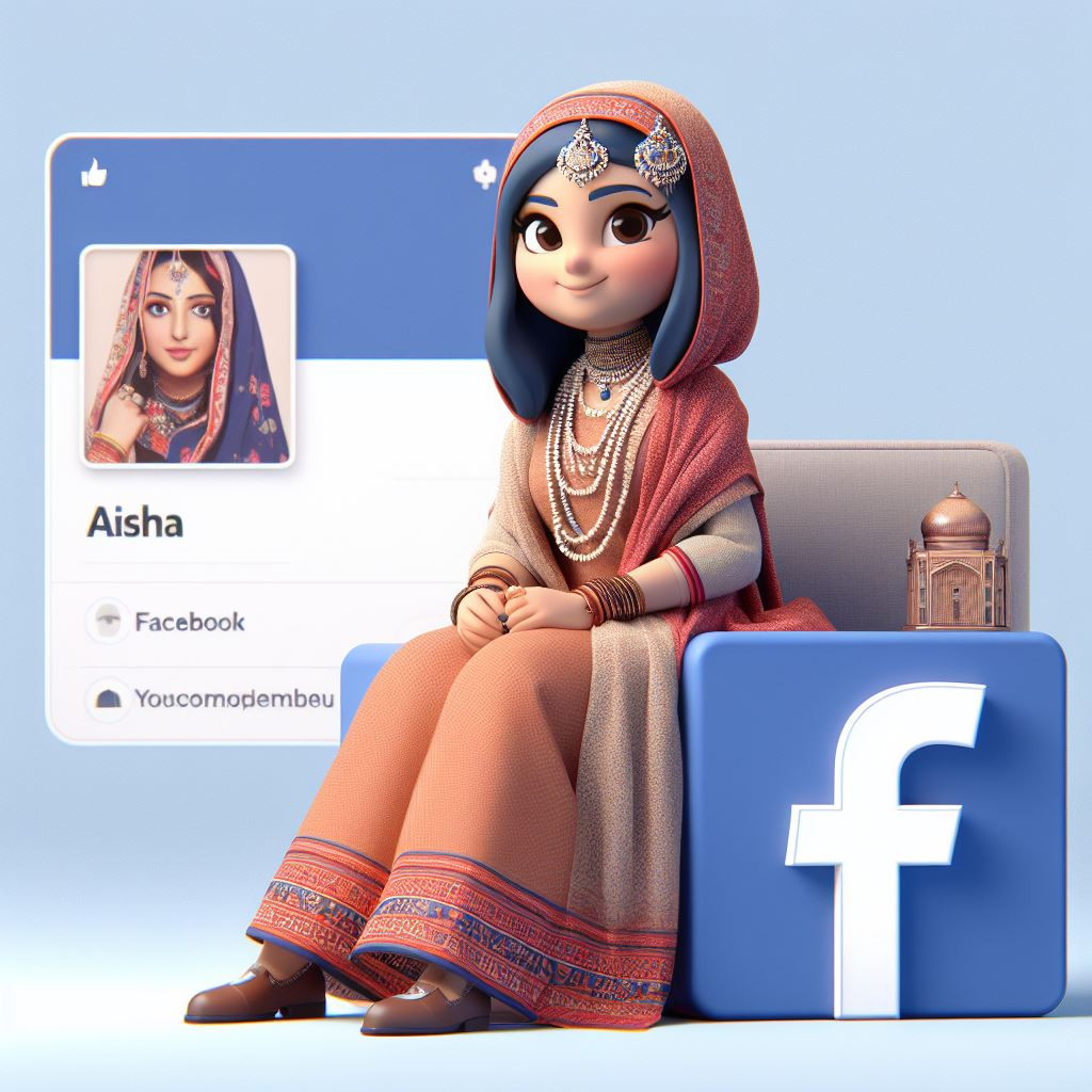 A culturally inclusive 3D illustration of a facebook profile page featuring a female Islamic Indian character