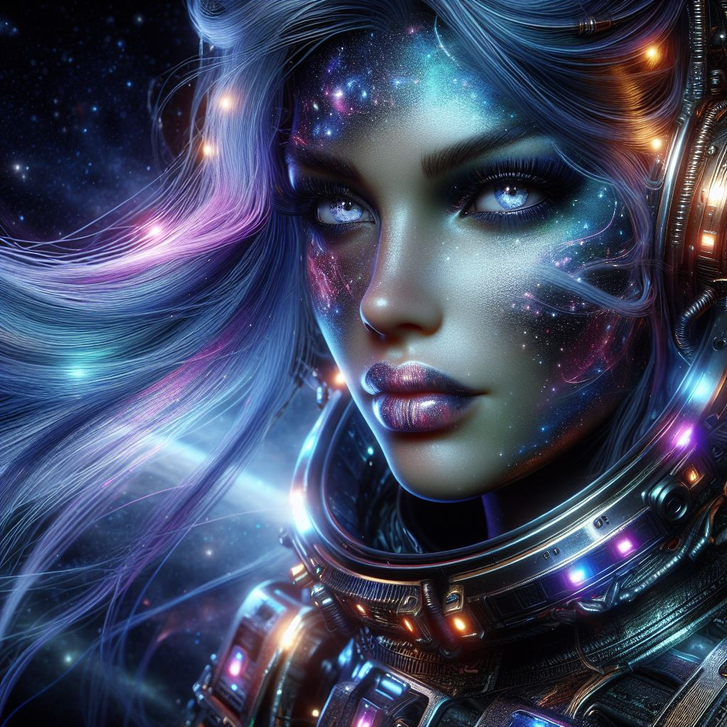 Galactic Explorer with celestial-hued skin shimmering with stardust