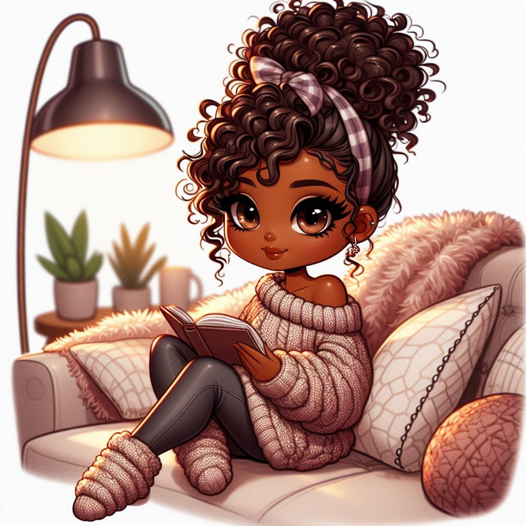 Chibi illustration featuring a spirited African woman with caramel skin engrossed in a captivating book