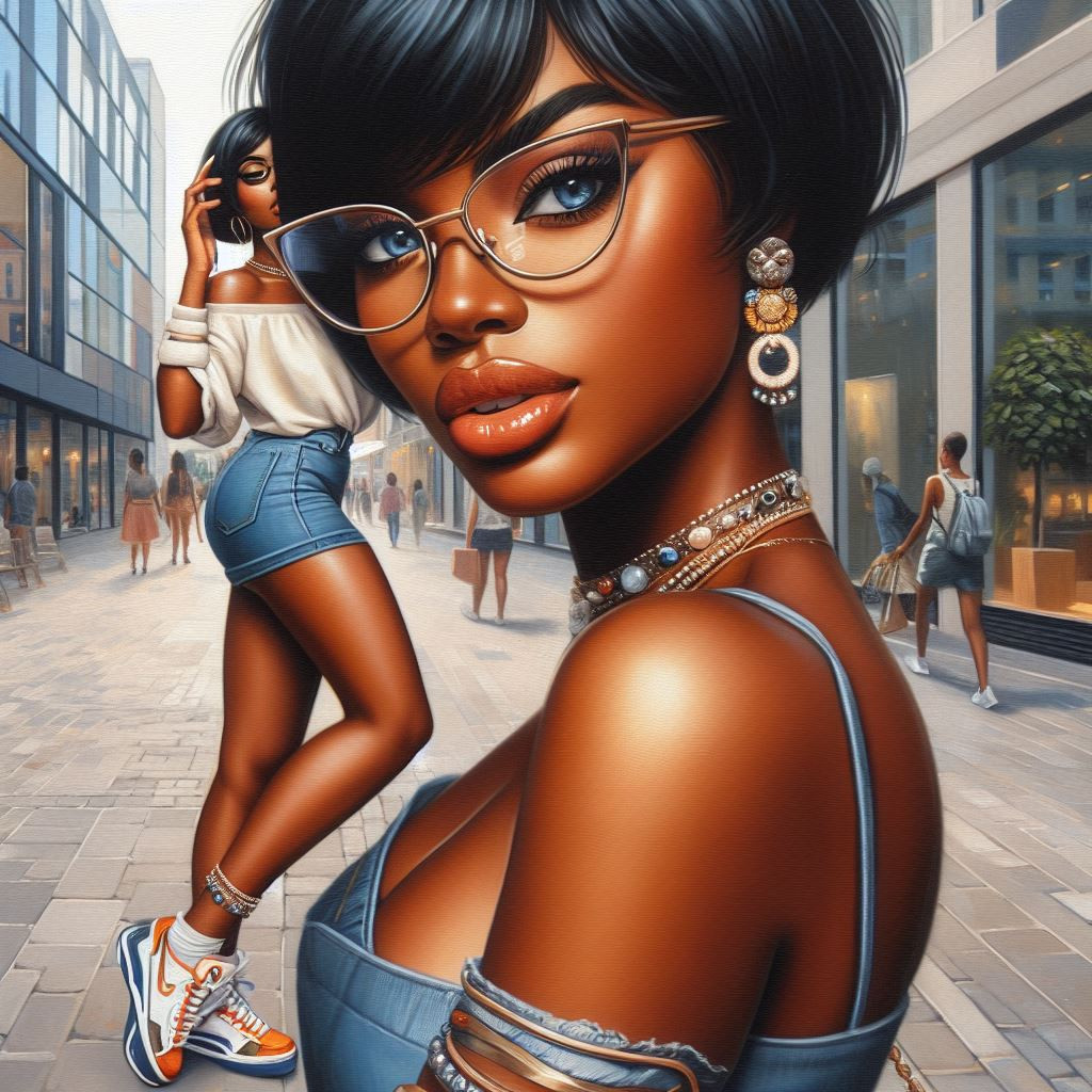 African American woman with a stylish bob and a cute off-the-shoulder top paired with trendy denim shorts