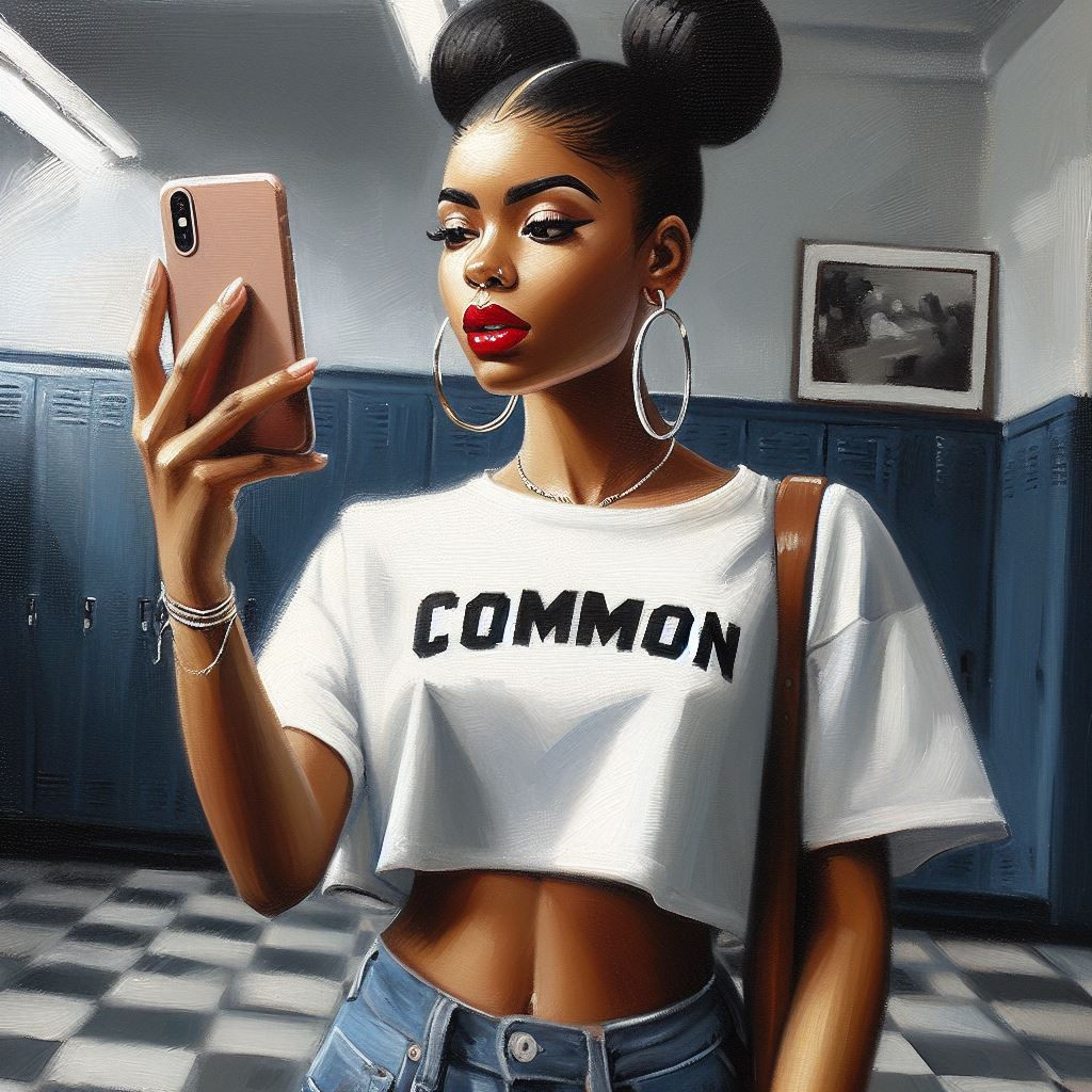 An oil painting an african american woman  bun hair and cropped white tshirt