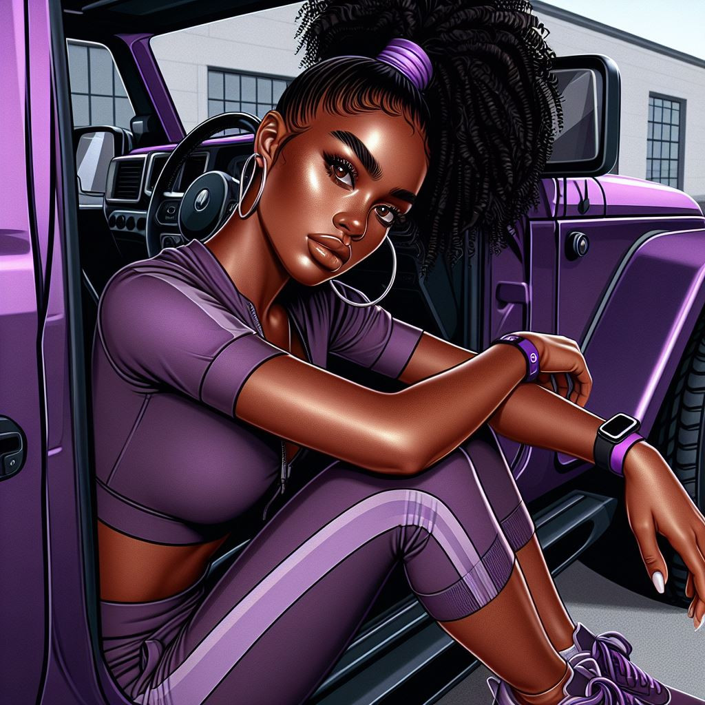 A wide shot illustration of African American girl with an athletic flair. Her glowing skin complements a sporty high ponytail, reflecting her energetic vibe. She wears a purple tracksuit and comfy sneakers suitable for an active day. Around her wrist, a f