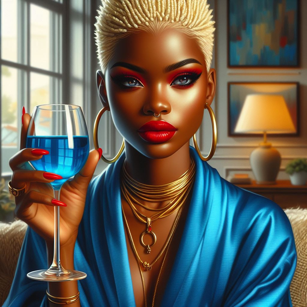 An african american female holding a wine glass contain a blue drink. behind a window in her living room