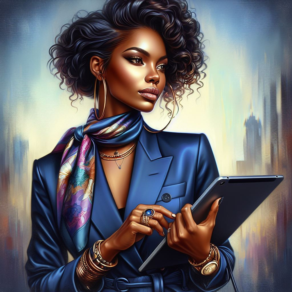 An  African American woman in  a navy-blue pantsuit with a stylish silk scarf