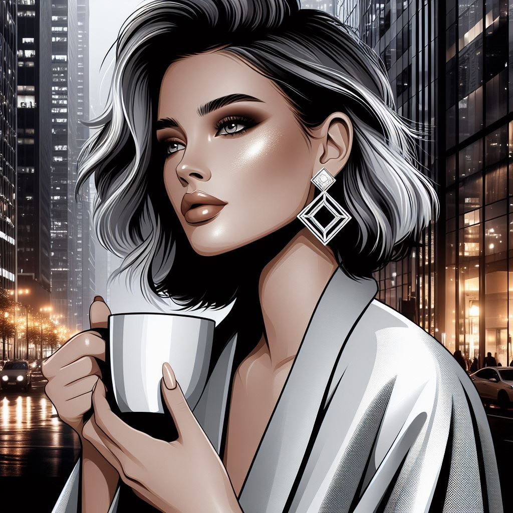 A cosmopolitan woman in sipping coffee from a modern mug  wearing a monochromatic  robe