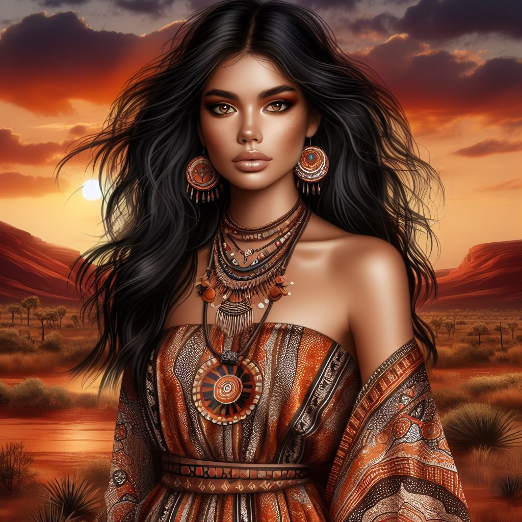 Indigenous Australian woman, flowing black locks, warm brown eyes, earthy eyeshadow, natural lip balm, cultural print maxi dress, comfortable sandals, handmade jewelry, immersed in the rich colors of an outback sunset, depicted in a digital Aboriginal-ins