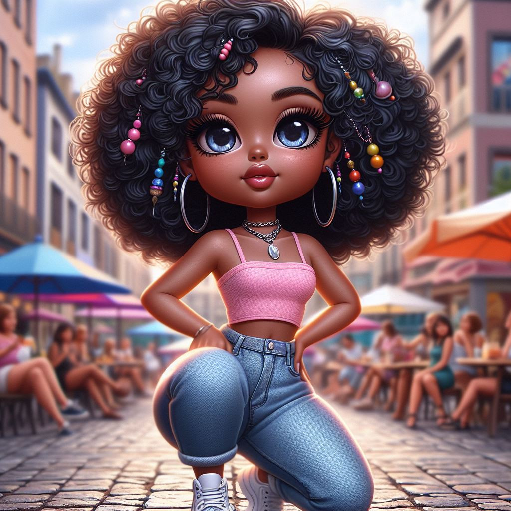 A chibi African American woman with a curly afro adorned with colorful beads wearing cute pink crop top and high-waisted jeans