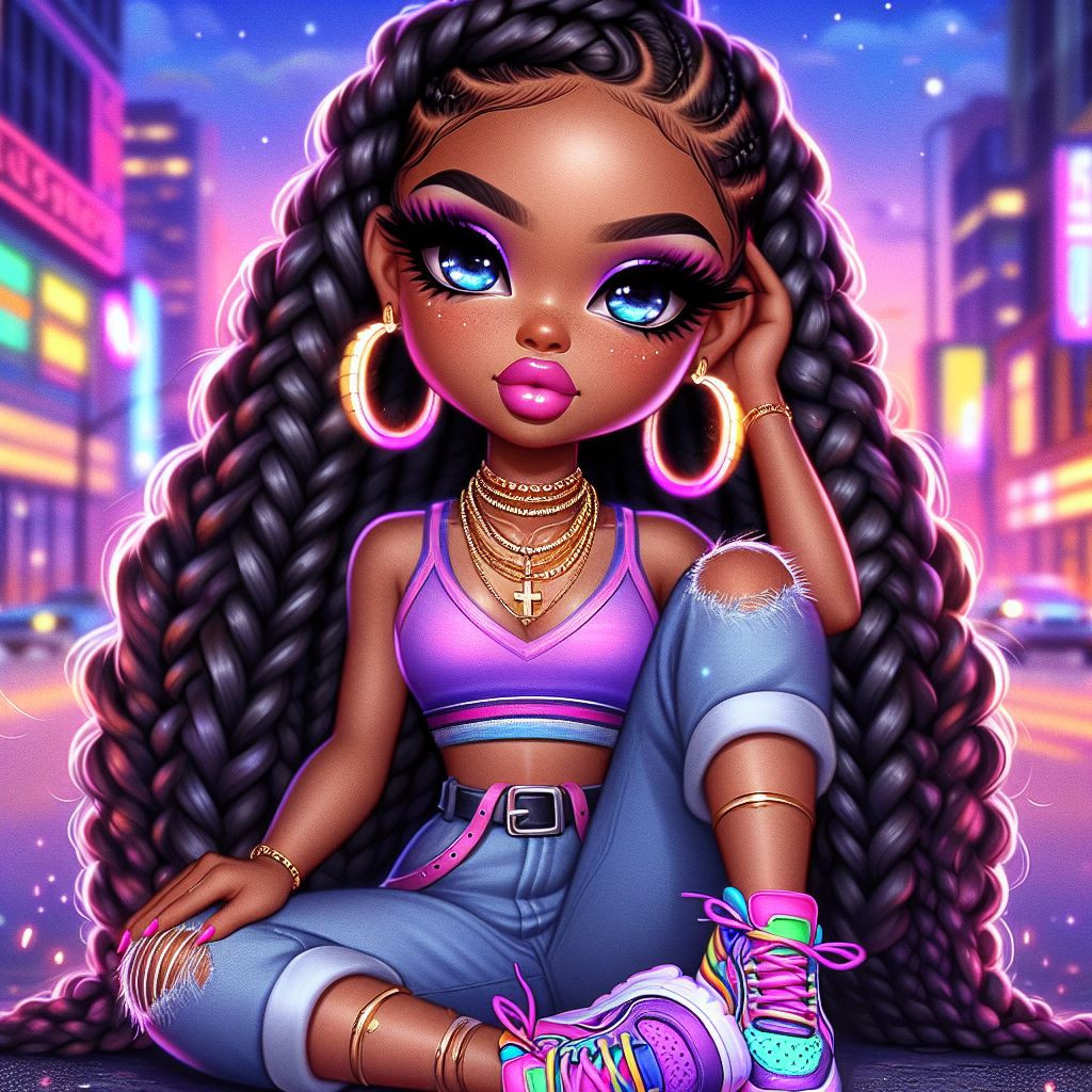 A stylish chibi African American woman with long braids, wearing a trendy crop top in shades of purple and pink, paired with ripped jeans